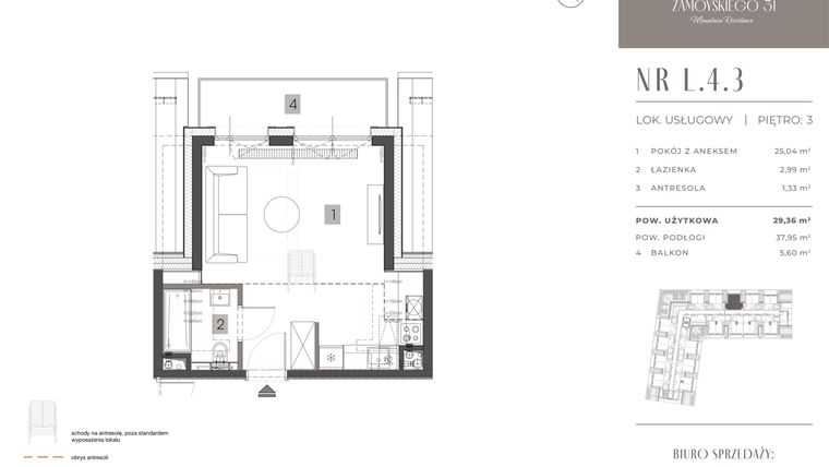 Rzut - Mieszkanie na sprzedaż 1 pokój o powierzchni 29,36 m² - numer L.4.3 w Zamoyskiego 31