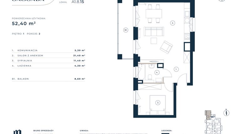 Rzut - Mieszkanie na sprzedaż 2 pokoje o powierzchni 52,4 m² - numer A1.8.15 w Cascada