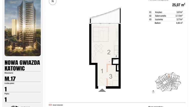 Rzut - Mieszkanie na sprzedaż 1 pokój o powierzchni 25,07 m² - numer M.17 w Nowa Gwiazda