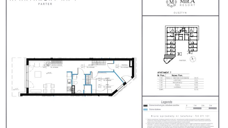 Rzut - Mieszkanie na sprzedaż 2 pokoje o powierzchni 52,55 m² - numer 7 w Miła Resort
