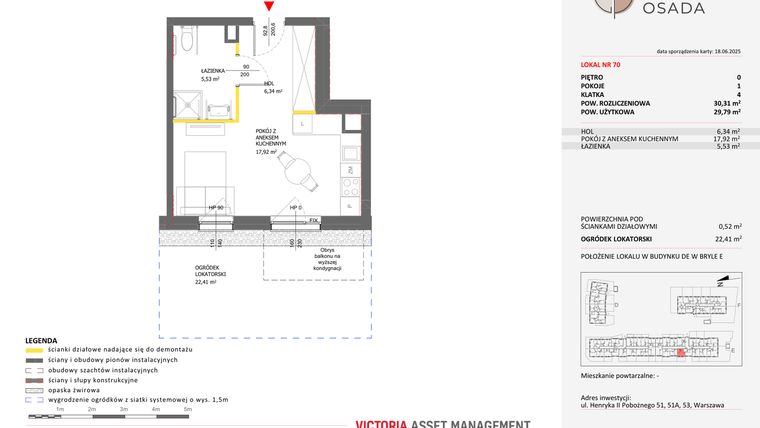 Rzut - Mieszkanie na sprzedaż 1 pokój o powierzchni 30,31 m² - numer E.70 w Piastova Osada