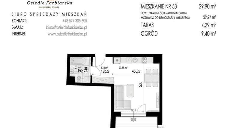 Rzut - Mieszkanie na sprzedaż 1 pokój o powierzchni 29,9 m² - numer 53B w Osiedle Farbiarska II