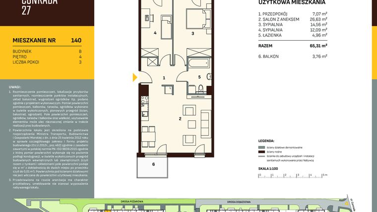 Rzut - Mieszkanie na sprzedaż 3 pokoje o powierzchni 65,31 m² - numer B.140 w Conrada 27