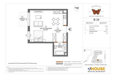 Rzut - Mieszkanie na sprzedaż 1 pokój o powierzchni 40,67 m² - numer B34 w Apartamenty Rusałki