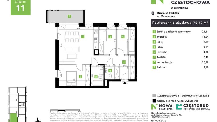 Rzut - Mieszkanie na sprzedaż 4 pokoje o powierzchni 76,48 m² - numer E11 w Nowa Częstochowa Małopolska etap II