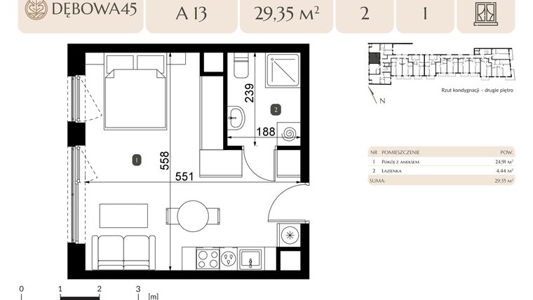 Rzut - Mieszkanie na sprzedaż 1 pokój o powierzchni 29,35 m² - numer A.13 w Dębowa 45