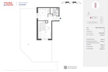 Rzut - Mieszkanie na sprzedaż 2 pokoje o powierzchni 36,84 m² - numer A1.100.M03 w Mieszkaj w mieście - Ogrody Glogera