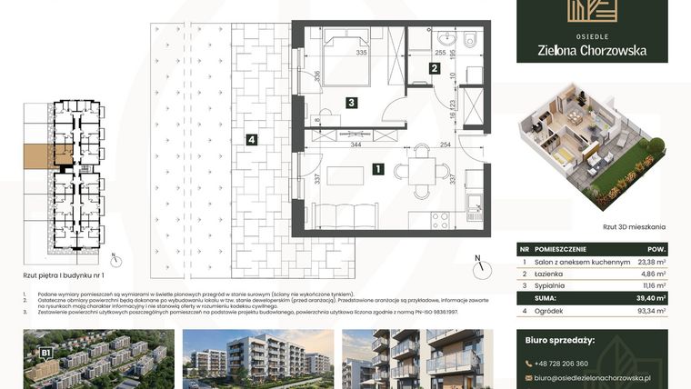 Rzut - Mieszkanie na sprzedaż 2 pokoje o powierzchni 39,4 m² - numer B1.M1 w Osiedle Zielona Chorzowska