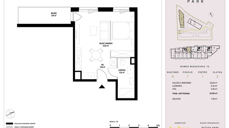 Rzut - Mieszkanie na sprzedaż 1 pokój o powierzchni 34,86 m² - numer A75 w Witosa Park