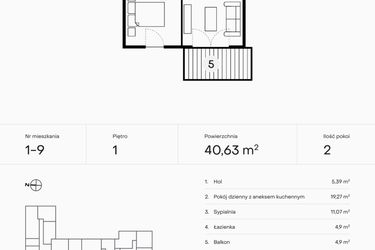 Rzut - Mieszkanie na sprzedaż 2 pokoje o powierzchni 40,63 m² - numer 1-9 w Pączka 1