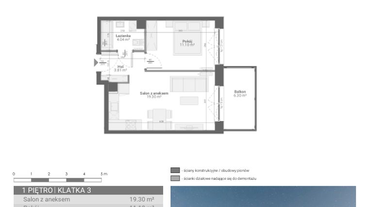Rzut - Mieszkanie na sprzedaż 2 pokoje o powierzchni 38,25 m² - numer M47 w Ultra Marina etap II