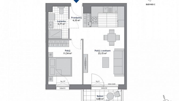 Rzut - Mieszkanie na sprzedaż 2 pokoje o powierzchni 43,56 m² - numer C.5.6 w Nowa Dąbrowa