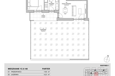 Rzut - Mieszkanie na sprzedaż 2 pokoje o powierzchni 46,8 m² - numer 1C.0.148 w Francuska Park VIIIB