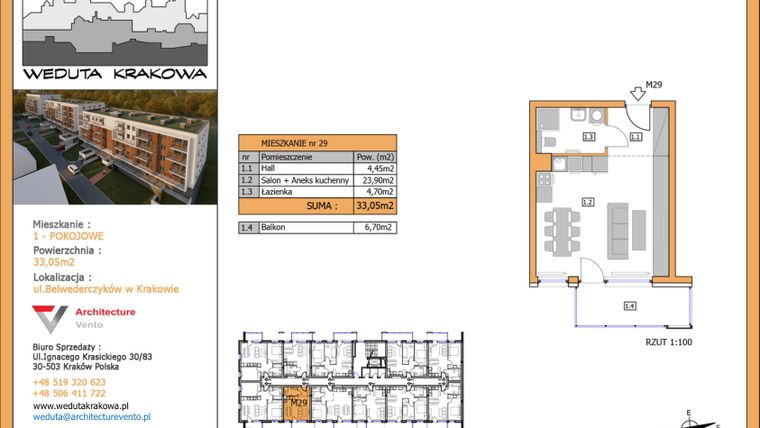 Rzut - Mieszkanie na sprzedaż 1 pokój o powierzchni 33,05 m² - numer M29 w Weduta Krakowa