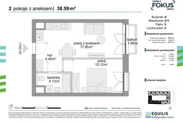 Rzut - Mieszkanie na sprzedaż 2 pokoje o powierzchni 38,59 m² - numer 211 w Osiedle Fokus Ursus