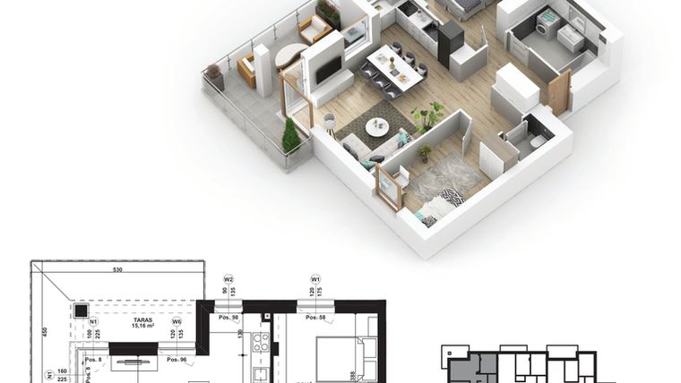 Rzut - Mieszkanie na sprzedaż 3 pokoje o powierzchni 61,55 m² - numer 12 w Piano Park etap V