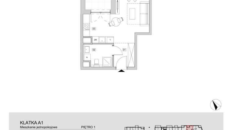 Rzut - Mieszkanie na sprzedaż 1 pokój o powierzchni 28,1 m² - numer A1.1.04 w ATAL Floriana