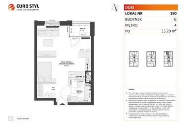 Rzut - Mieszkanie na sprzedaż 1 pokój o powierzchni 33,79 m² - numer G.190 w DOKI etap II (bud. G)