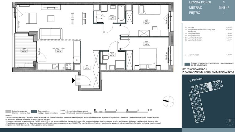 Rzut - Mieszkanie na sprzedaż 3 pokoje o powierzchni 78,08 m² - numer 119 w Portowa Zabłocie