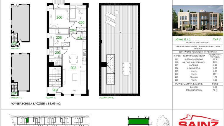 Rzut - Mieszkanie na sprzedaż 4 pokoje o powierzchni 86,69 m² - numer E.1.2 w Zielone Tarasy