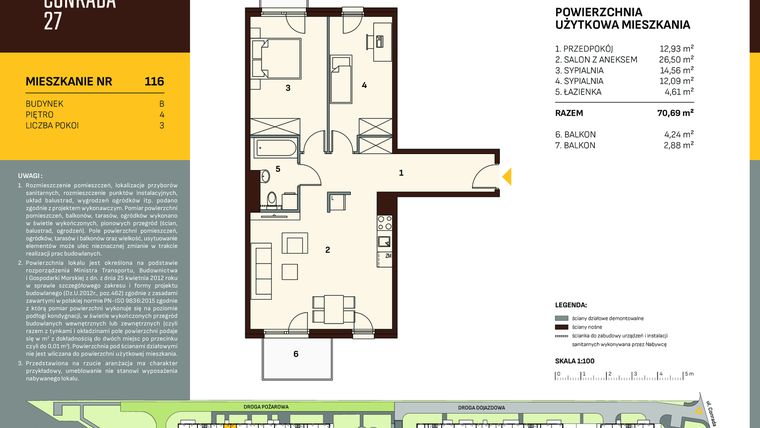 Rzut - Mieszkanie na sprzedaż 3 pokoje o powierzchni 70,69 m² - numer B.116 w Conrada 27