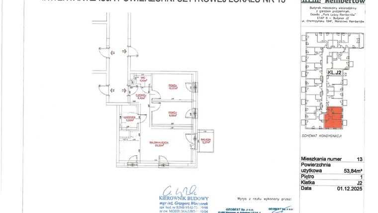 Rzut - Mieszkanie na sprzedaż 3 pokoje o powierzchni 53,84 m² - numer J2-13 w Park Leśny Rembertów etap VIII
