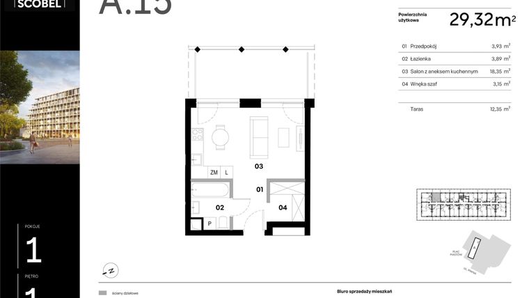 Rzut - Mieszkanie na sprzedaż 1 pokój o powierzchni 29,32 m² - numer A.15 w Browar HUGO SCOBEL