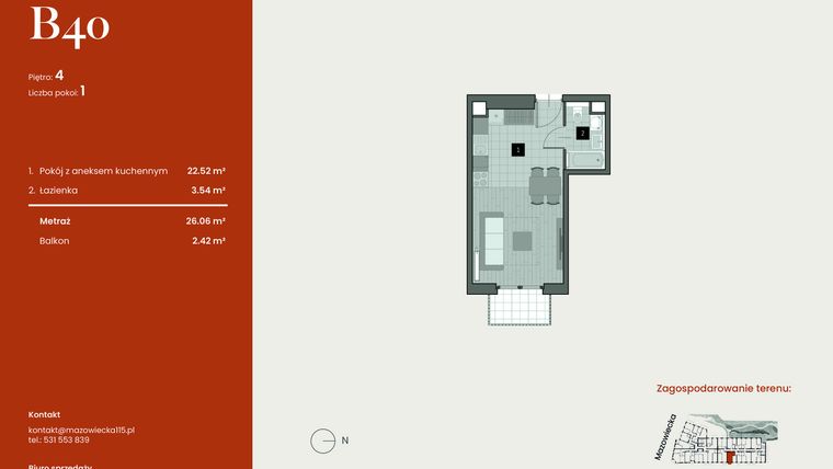 Rzut - Mieszkanie na sprzedaż 1 pokój o powierzchni 26,06 m² - numer B40 w Mazowiecka 115