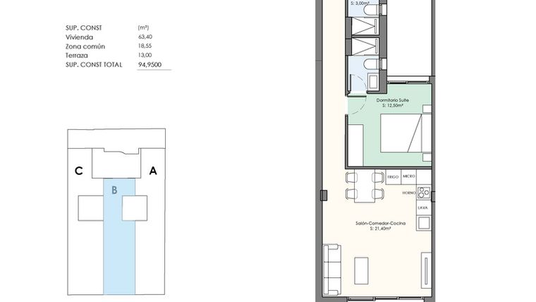 Rzut - Mieszkanie na sprzedaż 2 pokoje o powierzchni 95 m² - numer 1-1B w Apartamenty w Torrevieja - 97791076