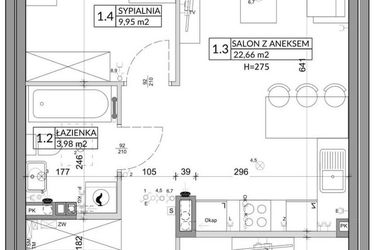 Rzut - Mieszkanie na sprzedaż 3 pokoje o powierzchni 56,89 m² - numer 66B w Osiedle Młodych etap X