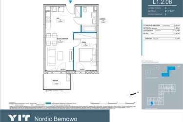 Rzut - Mieszkanie na sprzedaż 2 pokoje o powierzchni 41,73 m² - numer L1.2.06 w Nordic Bemowo - etap III
