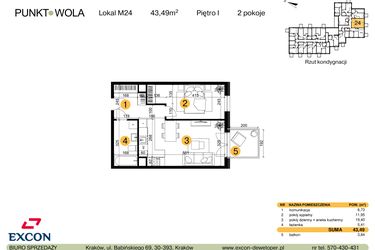 Rzut - Mieszkanie na sprzedaż 2 pokoje o powierzchni 43,49 m² - numer M24 w Punkt Wola