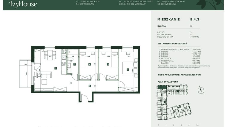 Rzut - Mieszkanie na sprzedaż 4 pokoje o powierzchni 74,99 m² - numer B.4.3 w IVY HOUSE