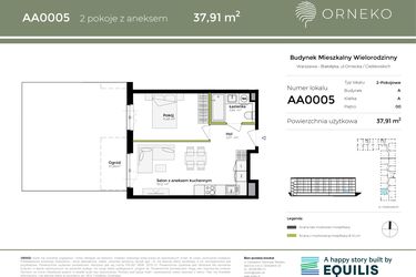 Rzut - Mieszkanie na sprzedaż 2 pokoje o powierzchni 37,91 m² - numer AA0005 w Orneko