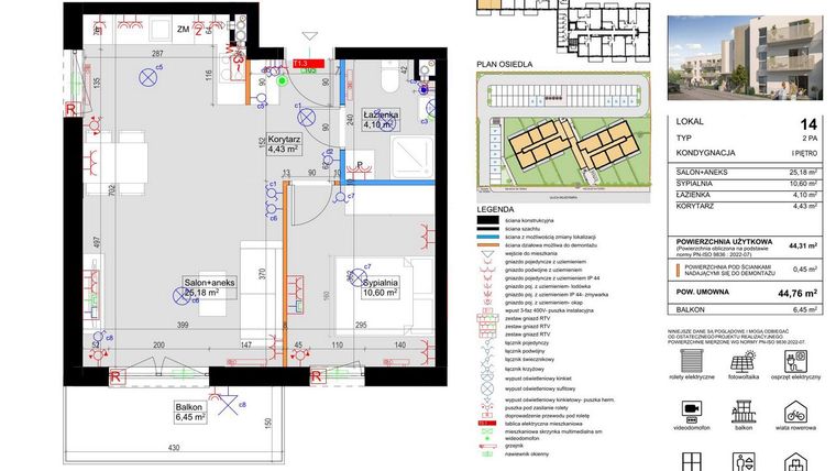 Rzut - Mieszkanie na sprzedaż 2 pokoje o powierzchni 44,31 m² - numer 14 w Harmony Antoninek
