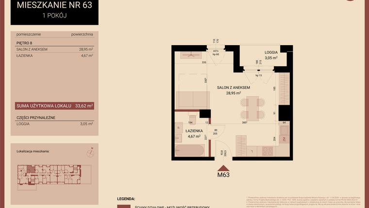 Rzut - Mieszkanie na sprzedaż 1 pokój o powierzchni 33,62 m² - numer 08.MB63 w Artepolis