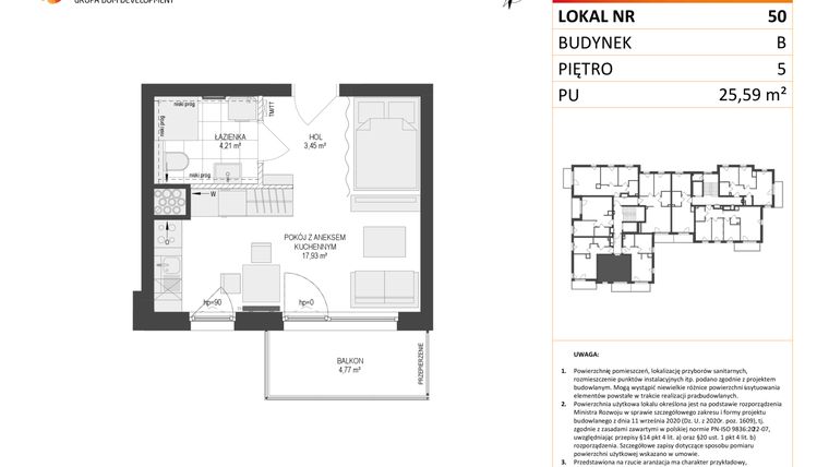 Rzut - Mieszkanie na sprzedaż 1 pokój o powierzchni 25,59 m² - numer B.50 w Osiedle Warszawska etap III