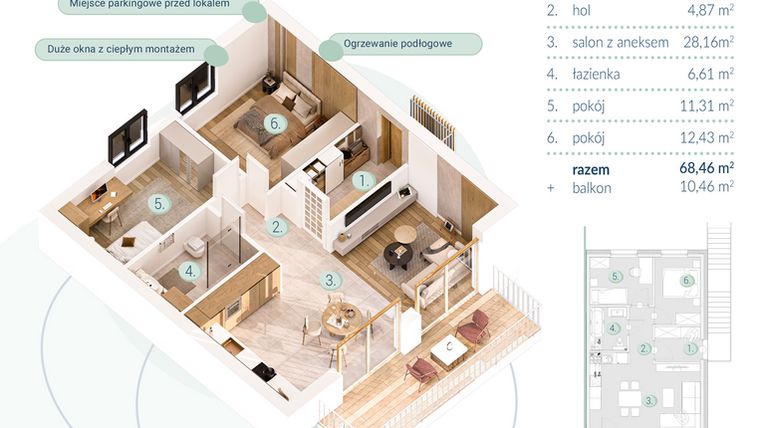 Rzut - Mieszkanie na sprzedaż 3 pokoje o powierzchni 68,46 m² - numer B.1.2 w Enklawa