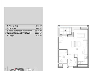 Rzut - Mieszkanie na sprzedaż 1 pokój o powierzchni 34,6 m² - numer H1-A-3-2 w Heyki City