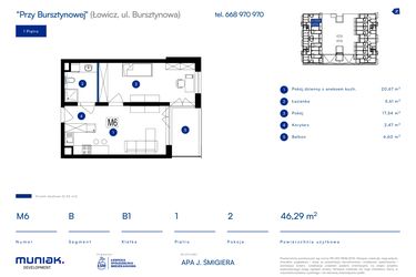 Rzut - Mieszkanie na sprzedaż 2 pokoje o powierzchni 46,29 m² - numer 6B w Przy Bursztynowej