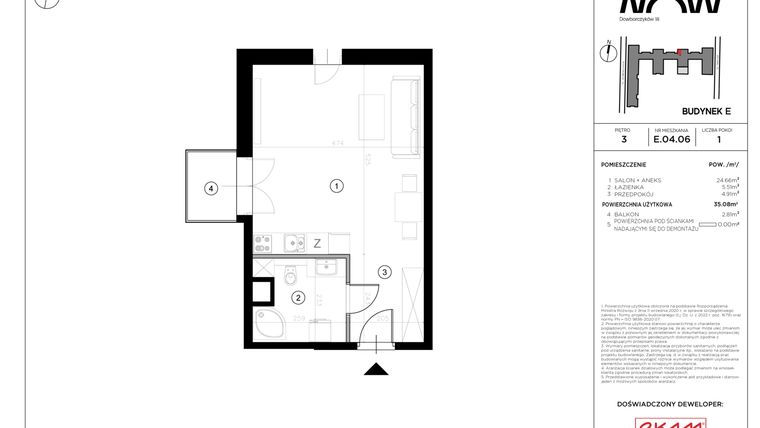 Rzut - Mieszkanie na sprzedaż 1 pokój o powierzchni 35,08 m² - numer E.04.06 w NOW