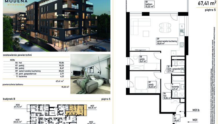 Rzut - Mieszkanie na sprzedaż 3 pokoje o powierzchni 67,2 m² - numer B31b w Modena Bytkowska 113