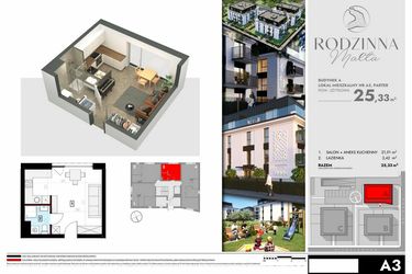 Rzut - Mieszkanie na sprzedaż 1 pokój o powierzchni 25,33 m² - numer A3 w Rodzinna Malta