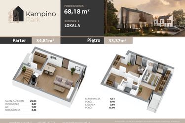 Rzut - Mieszkanie na sprzedaż 3 pokoje o powierzchni 68,18 m² - numer 3A w Kampino Park