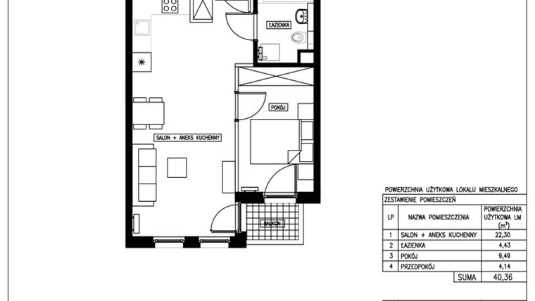 Rzut - Mieszkanie na sprzedaż 2 pokoje o powierzchni 40,36 m² - numer 17 w Nowa Kurkowa