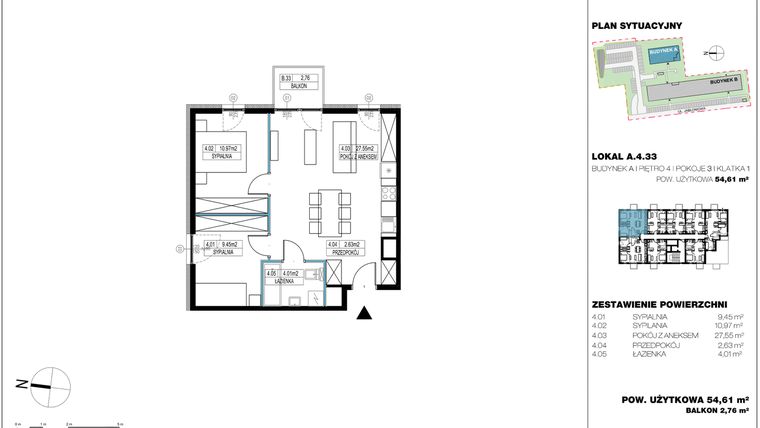 Rzut - Mieszkanie na sprzedaż 3 pokoje o powierzchni 55,28 m² - numer A.4.33 w Jabłonova
