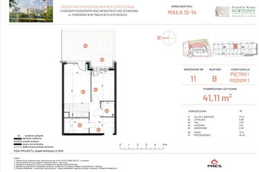 Rzut - Mieszkanie na sprzedaż 2 pokoje o powierzchni 41,11 m² - numer 14.11 w Osiedle Nowe Horyzonty etap III