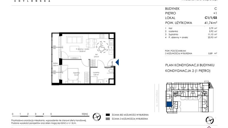 Rzut - Mieszkanie na sprzedaż 2 pokoje o powierzchni 41,74 m² - numer C1/1/03 w Chylońska STO10 etap III