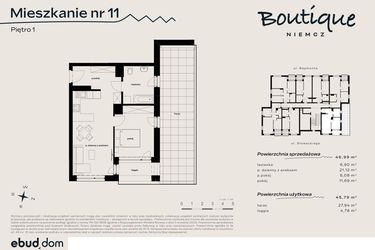 Rzut - Mieszkanie na sprzedaż 3 pokoje o powierzchni 46,99 m² - numer 11 w Boutique NIEMCZ