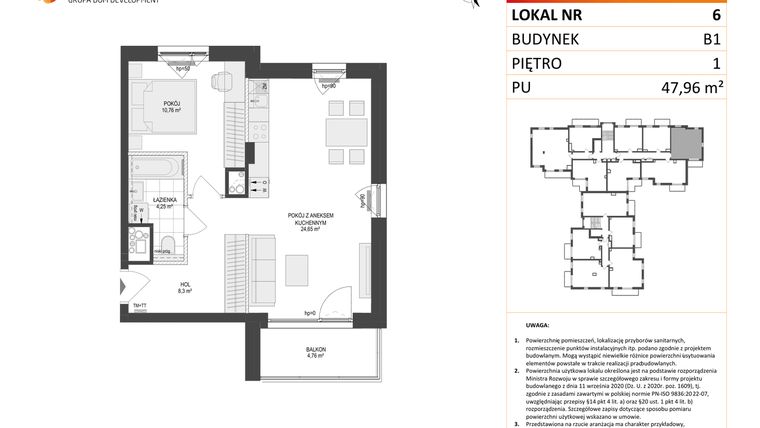 Rzut - Mieszkanie na sprzedaż 2 pokoje o powierzchni 47,96 m² - numer 6 w Locus 2